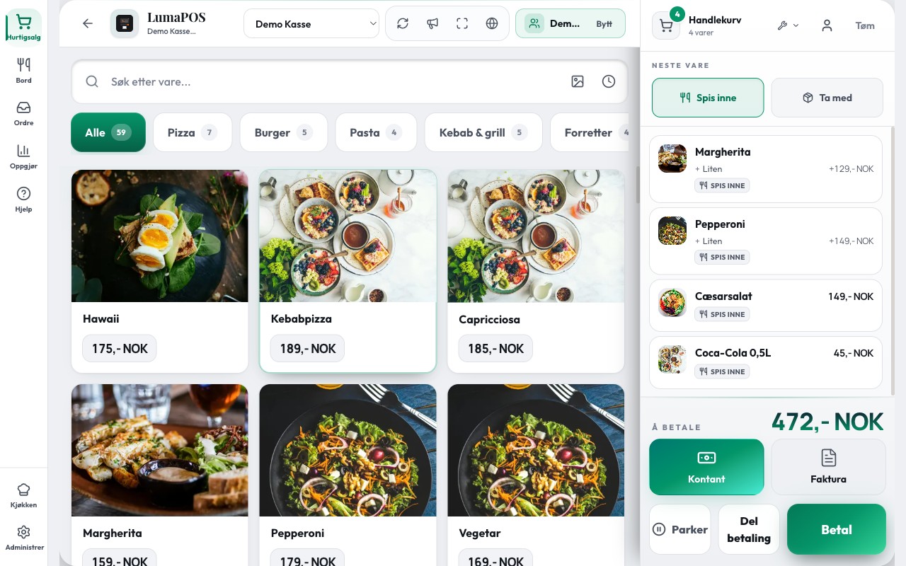 LumaPOS med meny, handlekurv og betaling